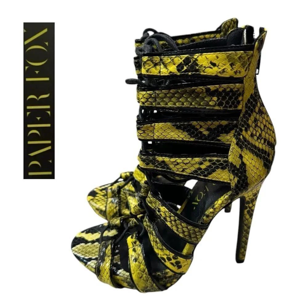 Paper Fox Women's Neon Lime Yellow Black Snake Platform Heels Sandals 6